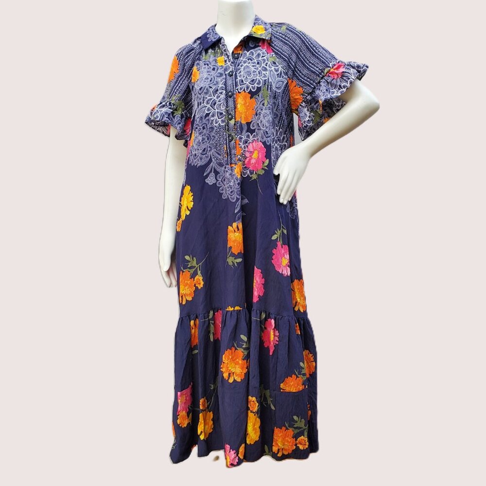 NEW Anthropologie Floral Blue Motif Midi Dress Navy blue floral Oversized Small - Picture 2 of 8